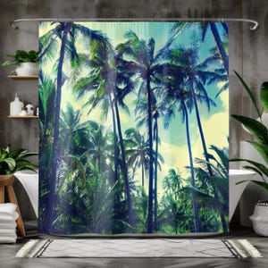 Retro Shower Curtain/Vintage Palm trees bathroom decor/green shower curtain/beach bath decor/beach house decor/boho shower curtain/bath mat