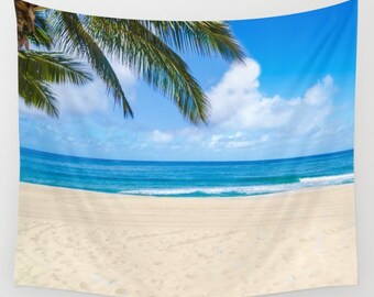 Palme Insel Sonnenuntergang Druck Strand Wandteppich und Tagesdecke 