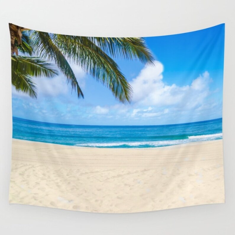 Tropical Beach Wall Tapestry Palm Hawaii Kauai Ocean Blue Sky Hanging Decor Grommets Coastal Style