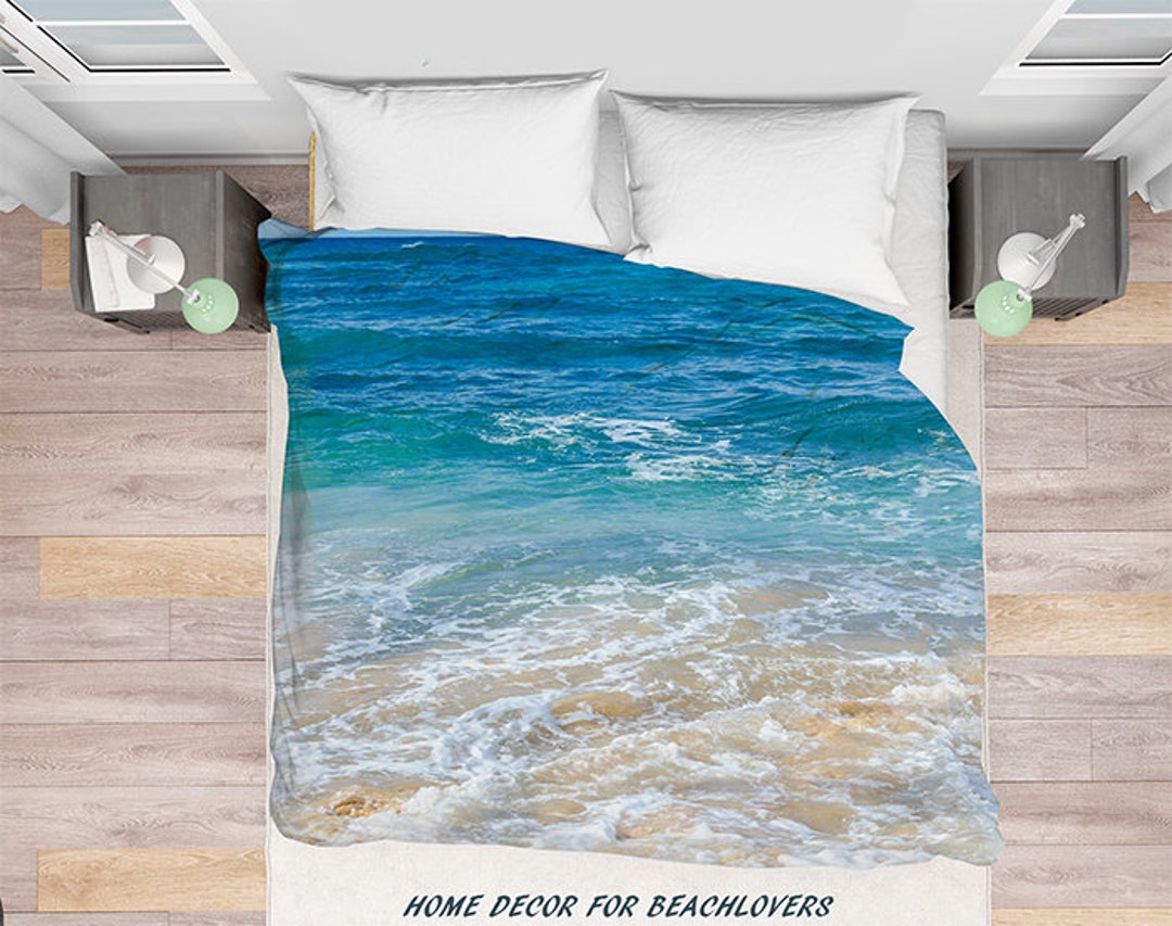 Blue Ocean Duvet Cover, Water Bedding Cover, Wave, Blue Aqua, White, Sea, Water, Hawaii, Bedroom