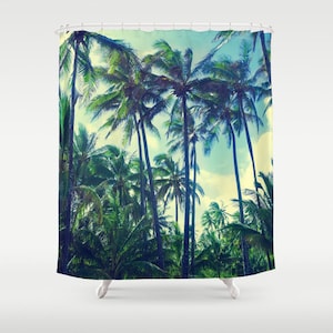 Retro Shower Curtain/Vintage Palm trees bathroom decor/green shower curtain/beach bath decor/beach house decor/boho shower curtain/bath mat