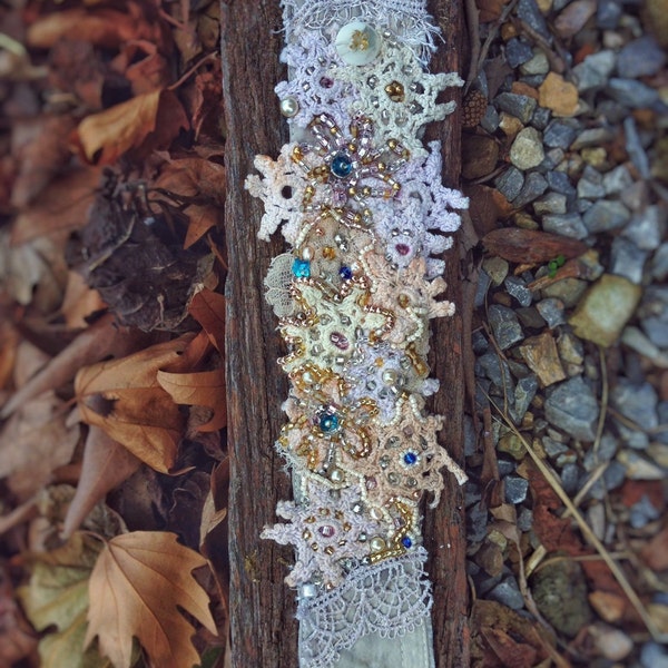 Beaded cuff bracelet, boho chic wedding, white textile bridal bracelet
