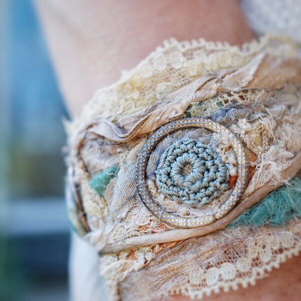 Lace textile cuff, boho chic wedding cuff, wide bracelet, fabric wrist wrap