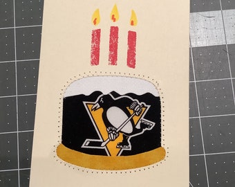 BEST Penguins Pittsburgh Hockey Birthday Cake Greeting Sports Card Blank Note Quilted card & envelope Homemade sewn on Heavy card stock