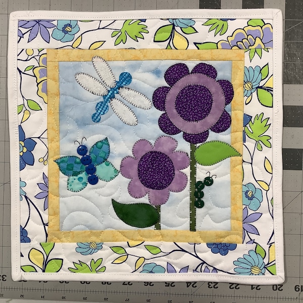 918 BEST June Bugs quilt and stand purple blue quilted homemade wall hanging dragonfly butterfly sparkly homemade