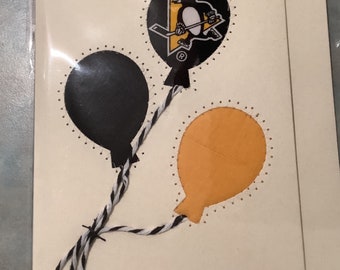 BEST Penguins Pittsburgh Hockey Balloons Birthday Greeting Card Blank Note Quilted card & envelope Homemade BEST sewn on Heavy card stock