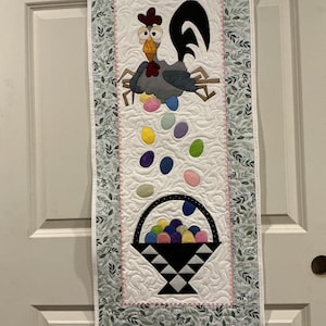 1136 BEST Free Shipping Long Quilted Easter Table runner a surprised Chicken laying colored eggs runner, wall hanging, or door hanging