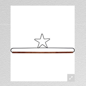 May include: A black metal shelf with a star design and a brown wooden rod.