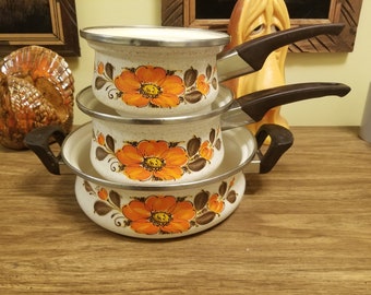 Vintage Sanko Ware Show Pans Enamelware Cookware Pot Japan Mid Century MCM Set