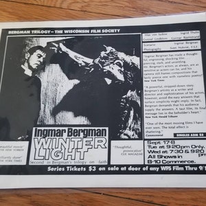 Vintage Ingmar Bergsm Winter Light Promotional Flyer 1970s Wisconsin Film Society