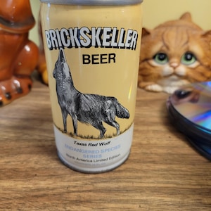 Lata de cerveza vintage con lengüeta de tiro, cerveza Brickskeller, Texas Red Wolf, Pittsburgh Brewing Co.