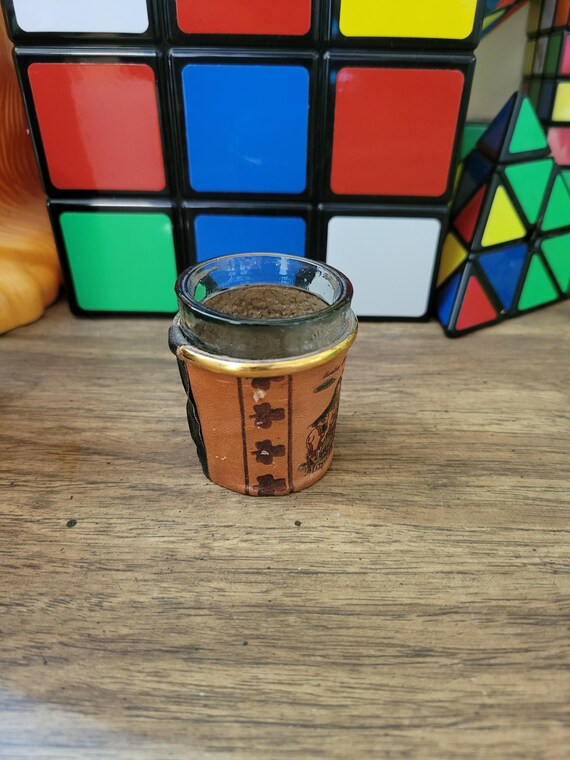 LEATHER WRAPPED Tequila Shot Glass Souvenir Barware ( 2” Tall