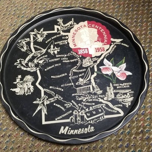 vintage 1958 Minnesota Centennial Metal Tray Carte commémorative Collectible