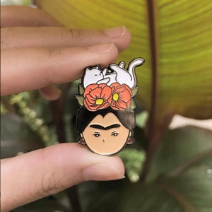 Frida Khalo Enamel Pin, Blooms and Cat Hard Enamel Pin - Enamel Pin Gift Girl Power Empowering Women, Cute Enamel Pin