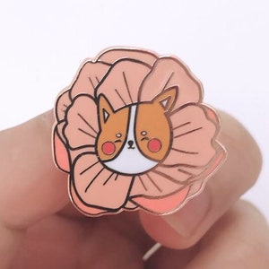 Flower Bud Corgi Pin (Rose Gold Hard Enamel Pin)- Cute Floral Pin, Corgi Lapel Pin, Kawaii Pin, Flower Pin, Corgi/ Dog Lover Gifts