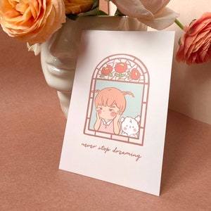 Nunca pare de sonhar cartão postal - menina com cachorrinho sonhando, olhando pela janela, impressão de ilustração original