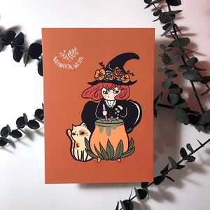 植物の魔女と動物の仲間（猫、コーギー、レッドロビン）のポストカード - 5x7 かわいい魔女の不気味なカード