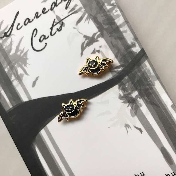 2pc Set- Tiny Cat Bats (Hard Enamel Pins) - Spooky but Cute Gold Lapel Pin