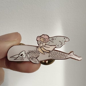 Whale skeleton and Bride Enamel Pin (Rose Gold, Hard Enamel Lapel Pin) - Large Constellation Enamel Pin