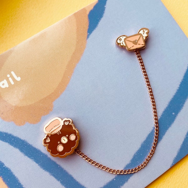 Happy Mail Collar Pin Set- Bear Mailman and Cute Flying Envelope | Rose Gold Hard Enamel Lapel or Shirt Pin