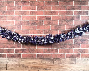 Dark Purple Country Rag Garland, Fabric Farmhouse Banner, Birthday, Wedding Shower, Rustic Photo Prop, Cake Table Backdrop. Fireplace Swag.