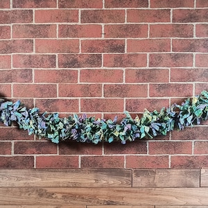 Green Batik Country Rag Garland, Fabric Farmhouse Banner, Birthday Decoration, Rustic Photo Prop, Cake Table Backdrop. Glamper Swag Curtain.