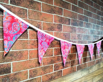 Red & Purple Paisley Batik Flag Bunting, Fabric Farmhouse Banner, Bridal Shower, Party Photo Prop, Cake Table Backdrop. Glamper Rag Curtain.