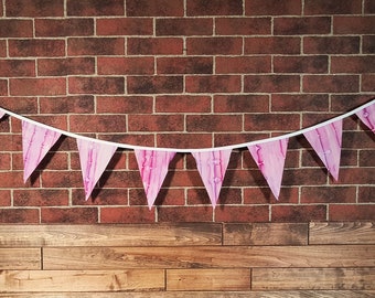Pink & White Batik Flag Bunting, Fabric Farmhouse Banner, BOHO Birthday, Bridal Shower, Photo Prop, Country Wedding. Glamper Rag Curtain.