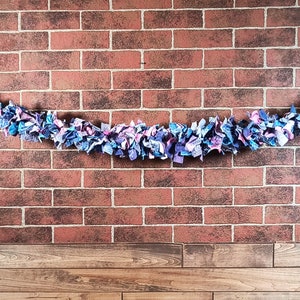 Blue & Purple  Rag Garland, Fabric Farmhouse Banner, Birthday, Bridal Shower, Rustic Photo Prop, Cake Table Backdrop. Glamper Swag Curtains.