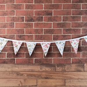 Pink & Blue Rose Flag Bunting, Fabric Farmhouse Banner, Primitive Decor, Bridal Shower, Photo Prop, Country Wedding. Glamper Rag Curtain.
