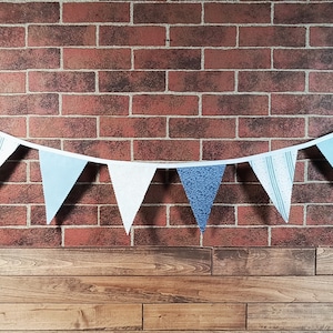 Blue & Cream Rose Flag Bunting, Fabric Farmhouse Banner, Birthday decor, Bridal Shower, Photo Prop, Cake Table Backdrop. Glamper Rag Curtain