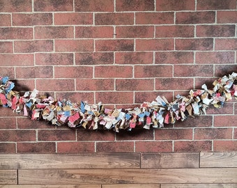 Vintage Country Rag Garland, Fabric Farmhouse Banner, Birthday, Bridal Shower, Rustic Photo Prop, Cake Table Backdrop. Glamper Rag Curtains.