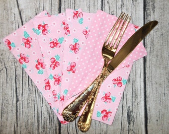 4 Homemade Cloth napkins. 7" 2-Ply Cotton Napkins. Kitchen Pink Cherries & Polka Dots Fabric, Glamping Napkins. Vintage Trailer Camper decor