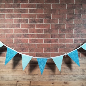 Light Blue and Cream Flag Bunting, Fabric Farmhouse Banner, Birthday, Bridal Shower, Photo Prop, Cake Table Backdrop. Glamper Rag Curtains 3