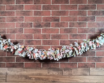Country Rag Garland, Fabric Farmhouse Banner, Birthday, Bridal Shower, Rustic Photo Prop, Cake Table Backdrop. Glamper Rag Swag Curtains.