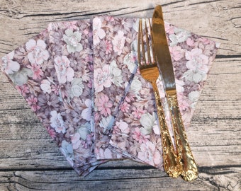 Set of 4 Pretty Pink, Green & Brown Handmade Floral Country Napkins, Reusable Everyday Cloth Napkins, ECO Friendly Organic Cotton. 14x14