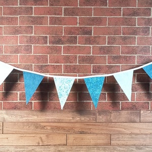 Light Blue and Cream Flag Bunting, Fabric Farmhouse Banner, Birthday, Bridal Shower, Photo Prop, Cake Table Backdrop. Glamper Rag Curtains 1