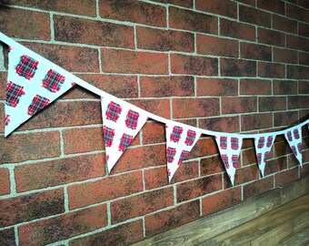 Stewart Tartan Plaid Flag Bunting, Fabric Farmhouse Banner, Birthday Party, Bridal Shower, Photo Prop, Scottish Wedding. Glamper Rag Curtain