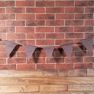 Red White & Blue Check Flag Bunting, Fabric Farmhouse Banner, Picnic Decor, Bridal Shower, Photo Prop, Country Wedding. Glamper Rag Curtain.