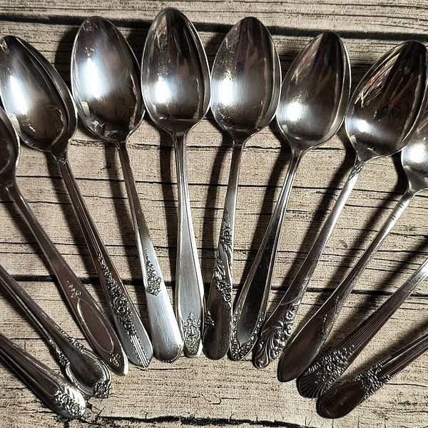 Vtg Mismatched Silver Plated Tablespoons, Choose from 14, 12 or 4 pc sets, Buffet Serving Pieces, Farmhouse Decor, Rustic Wedding Flatware,