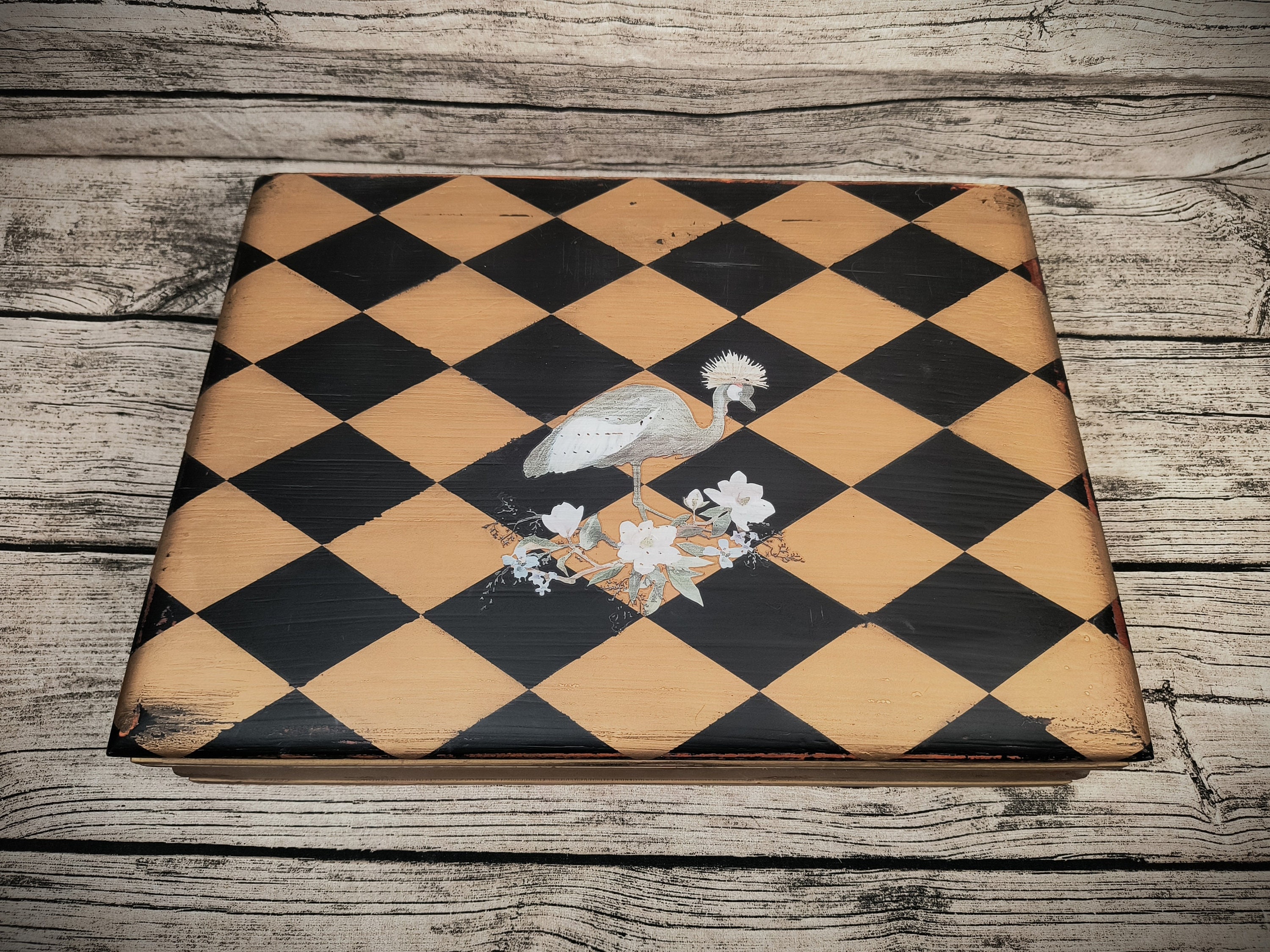 Black & Gold Painted Silverware Chest with Harlequin, Bird and Flower Design Upcycled From Vintage Flatware Box. A Perfect Hostess Gift.
