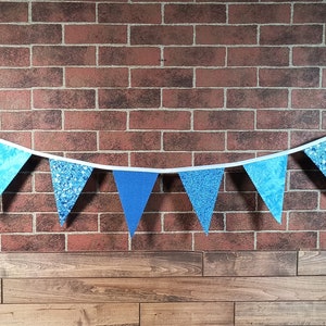 Blue & Metallic Silver Flag Bunting, Fabric Farmhouse Banner, Birthday, Bridal Shower, Photo Prop, Cake Table Backdrop. Glamper Rag Curtain.