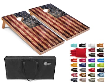 Tailgating Pros 4'x2' Distressed Star Stripe American Flag Cornhole Boards w/ Carrying Case & set of 8 Bags (Optional Light Package)!
