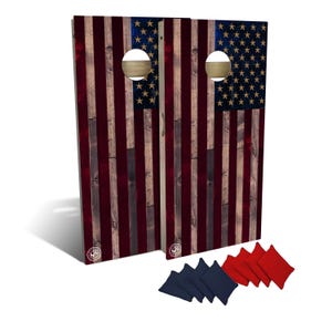 Slick Woody&#39;s Full Color Rustic Wood American Flag Cornhole Boards with 8 All Weather Bags