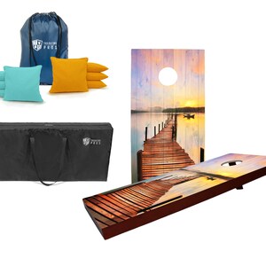 Tailgating Pros 4&#39;x2&#39; Pier at Sunrise Stained Cornhole Boards w/ Carrying Case, optional Ring Lights and set of 8 Bags!