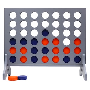 May include: A gray wooden Connect Four game with red and blue game pieces. The game is set up with some pieces in place, and there are extra pieces on the bottom.