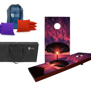 Tailgating Pros 4&#39;x2&#39; Tree at Sunset Stained Cornhole Boards w/ Carrying Case, optional Ring Lights and set of 8 Bags!