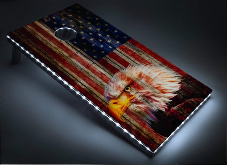 Flag cornhole boards with built in LED lights