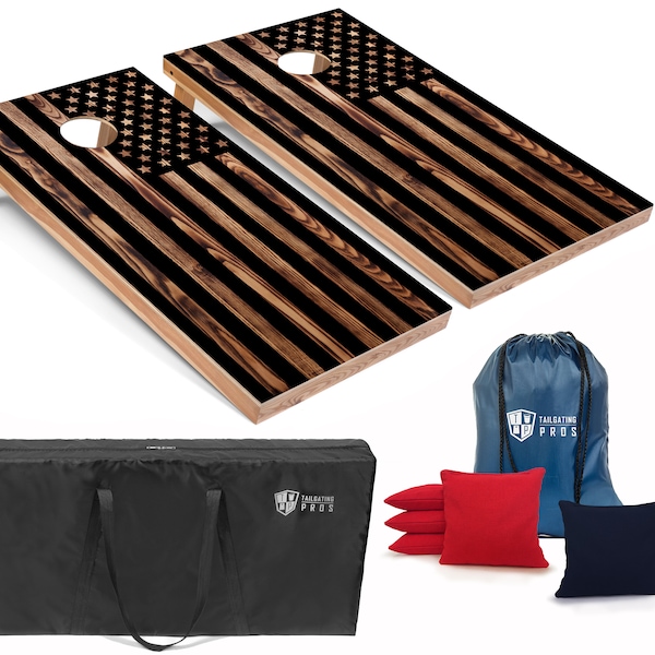 Tailgating Pros 4'x2' Woodgrain Flag Cornhole Boards w/ Carrying Case, optional Light Package and set of 8 Bags!