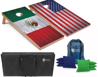 May include: A set of two regulation-sized cornhole boards with a wooden plank design. One board features the Mexican flag and the other features the American flag. The set includes a black carrying bag, a blue drawstring bag, and eight bean bags: four blue and four green.